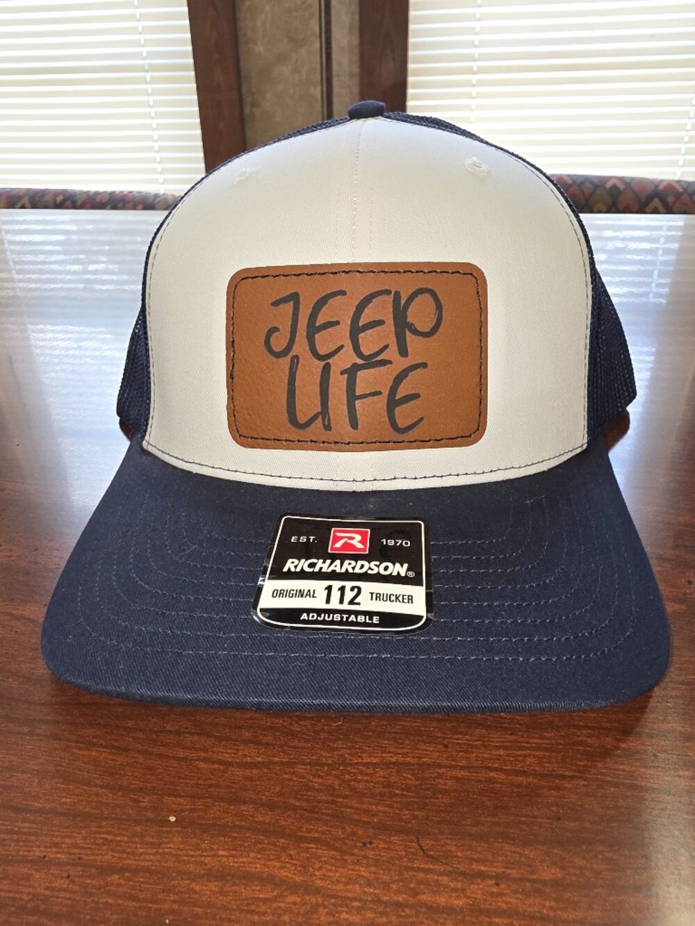 Richardson White/Blue Adjustable Mesh Back Trucker Hat "JEEP LIFE" Patch